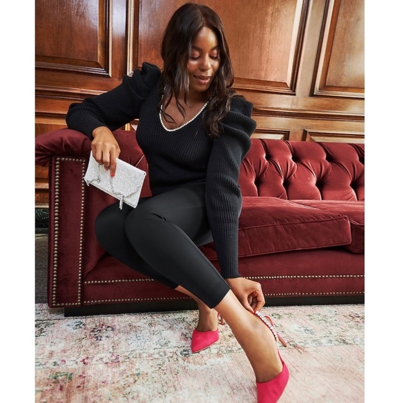 NWT Express Embellished V-Neck Puff Sleeve Sweater - Picture 2 of 8